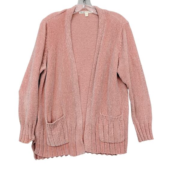 Seven7 Chenille Open Cardigan Sweater Peach Pink Long Sleeve Front Pockets - Picture 2 of 6